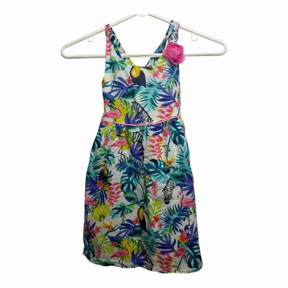 Penelope Mack Girls 5 Tropical Jungle Dress Flamingo Zebra Parrot Cotton